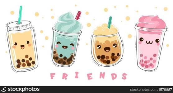 Bubble tea. Popular milk tea with tapioca, modern taiwanese pearl liquid dessert with balls, soft boba drinks plastic cup with emotions smile faces characters, green and fruit tea cartoon vector set. Bubble tea. Milk tea with tapioca, modern taiwanese pearl liquid dessert with balls, soft boba drinks plastic cup with emotions smile characters, green and fruit tea cartoon vector set