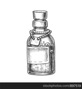 Bubbled Potion Elixir Bottle Monochrome Vector. Glass Bottle With Blank Label On Planted Yarn. Poisonous Liquid In Vial Template Hand Drawn In Vintage Style Black And White Illustration. Bubbled Potion Elixir Bottle Monochrome Vector
