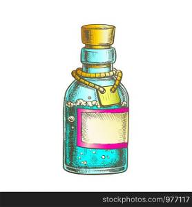 Bubbled Potion Elixir Bottle Vector. Glass Bottle With Blank Label On Planted Yarn. Poisonous Liquid In Vial Template Hand Drawn In Vintage Style Color Illustration. Bubbled Potion Elixir Bottle Color Vector