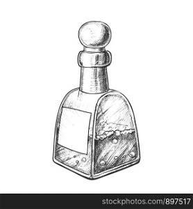 Bubbled Potion Liquid Bottle Monochrome Vector. Retro Glass Bottle With Blank Label And Cap In Sphere Form. Creative Phial Template Hand Drawn In Vintage Style Black And White Illustration. Bubbled Potion Liquid Bottle Monochrome Vector