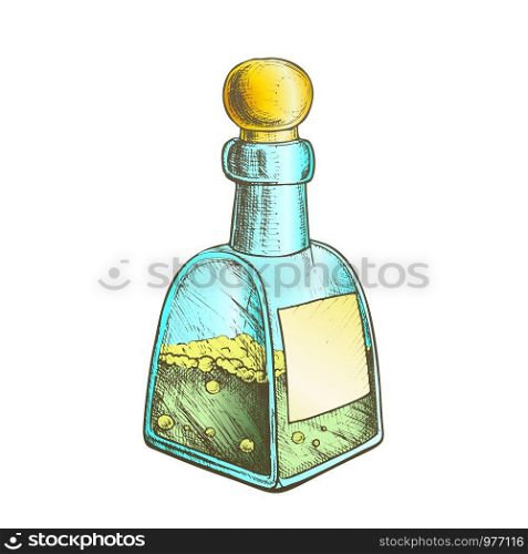 Bubbled Potion Liquid Bottle Vector. Retro Glass Bottle With Blank Label And Cap In Sphere Form. Creative Phial Template Hand Drawn In Vintage Style Color Illustration. Bubbled Potion Liquid Bottle Color Vector