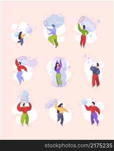 Bubbles active games. Funny water toys soap bubbles people playing attraction garish vector illustrations in flat style. Child play soap water, people blowing. Bubbles active games. Funny water toys soap bubbles people playing attraction garish vector illustrations in flat style