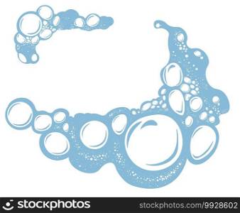 Bubbles and foam banner with copy space for text, isolated blue soapy suds. Cosmetic products, washing or cleaning foaming liquid. Laundry and effective cleansing at home. Vector in flat style. Foamy water with bubbles, washing or cleaning vector