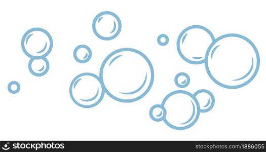 Bubbles and foam, bubbly cosmetic products, cleaning and washing. Hygiene or bathing foamy water. Soap or detergent, laundry drops. Bubbly liquid, rounded blue shapes, soapsuds vector in flat style. Foam bubbles, cleaning or washing hygiene cosmetic