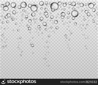 Bubbles at water surface. Fizzy underwater texture, soda bubble flow. Bubbling champagne air sparkles close up isolated vector set for bubbly liquid clear background. Bubbles at water surface. Fizzy underwater texture, soda bubble flow. Bubbling champagne air sparkles close up isolated vector set