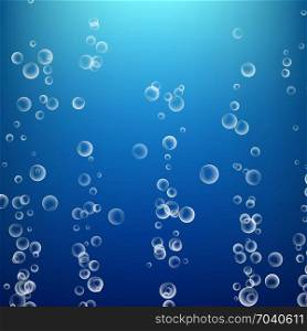 Bubbles In Water On Blue Background. Ocean Deep. Circle And Liquid, Light Design. Clear Soapy Shiny. Vector Illustration. Bubbles In Water. 3d Realistic Deep Water Bubbles.