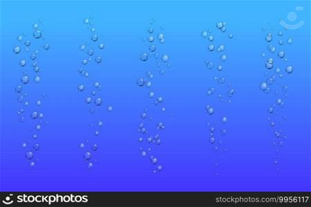 Bubbles of underwater fizzing air 3d vector. Realistic transparent bubbles of soda water or ch&agne, fizzy drink or effervescent beverage, oxygen streams of blue sea, ocean or aquarium pump. Bubbles of underwater fizzing air realistic 3d