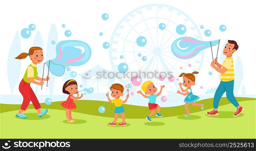 Bubbles show. Adults make big soap balls in park for kids. Happy children play with flying soapy balloons. Outdoor leisure. Joyful people blow foam spheres. Cute boys or girls have fun. Vector concept. Bubbles show. Adults make big soap balls in park for kids. Happy children play with flying soapy balloons. Outdoor leisure. People blow foam spheres. Boys or girls have fun. Vector concept