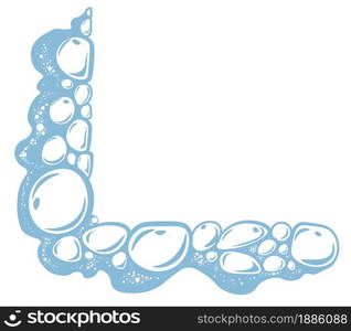 Bubbly water left bottom corner frame or border, isolated icon of abstract froth or foam. Hygiene and washing, cleaning concept. Laundry or bathroom bubbles. Blue soap suds, vector in flat style. Foamy water with bubble, left bottom corner frame