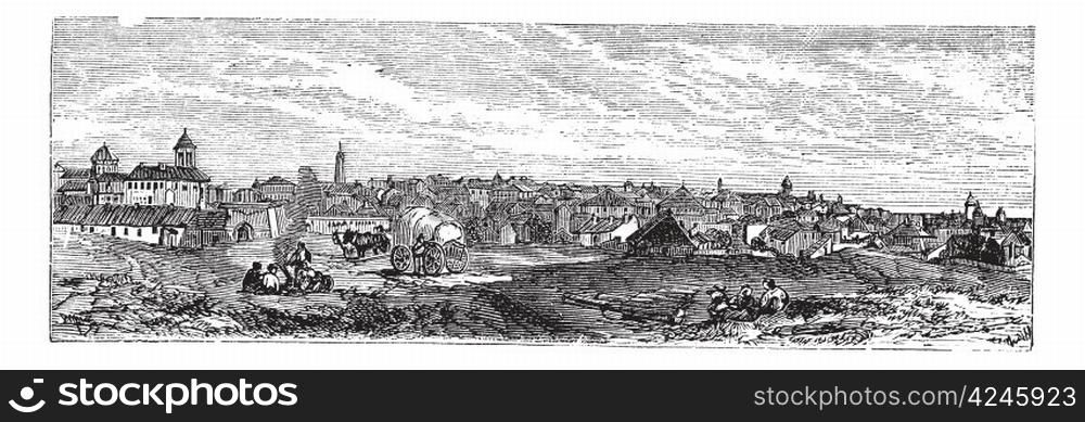 Bucharest, city, Romania, old engraved illustration of Bucharest, city, Romania, 1890s.