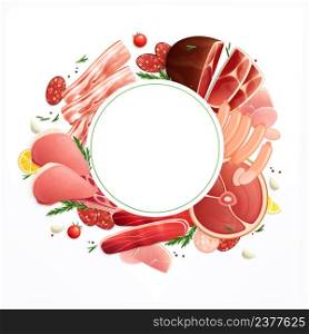 Bucher shop products meat cuts ham slices sausages bacon appetizing background circular frame advertising realistic vector illustration. Meat Products Appetizing Background
