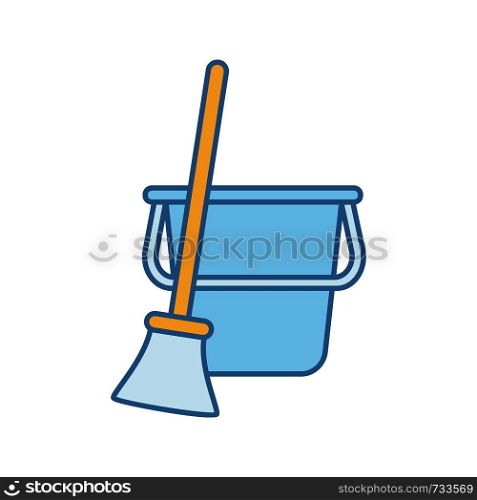 Bucket and broom color icon. Sweeping. Floor cleaning. Isolated vector illustration. Bucket and broom color icon