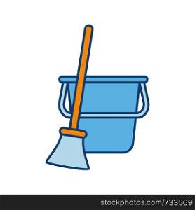 Bucket and broom color icon. Sweeping. Floor cleaning. Isolated vector illustration. Bucket and broom color icon