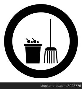 Bucket and broom icon black color in circle or round vector illustration