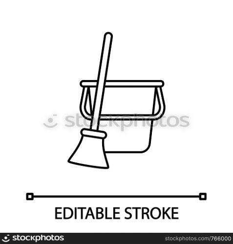 Bucket and broom linear icon. Sweeping. Cleaning supply. Thin line illustration. Floor cleaning. Contour symbol. Vector isolated outline drawing. Editable stroke. Bucket and broom linear icon
