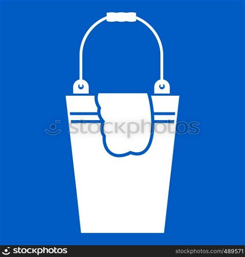 Bucket and rag icon white isolated on blue background vector illustration. Bucket and rag icon white