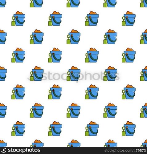 Bucket and shovel for children sandbox pattern seamless repeat in cartoon style vector illustration. Bucket and shovel for children sandbox pattern