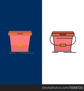 Bucket, Cleaning, Wash, Water Icons. Flat and Line Filled Icon Set Vector Blue Background
