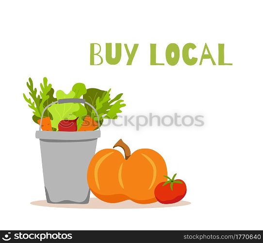 Bucket metal vegetables colorful cartoon vector illustration. Vegetarian nutrition market concept: onion pumpkin tomato carrot salad and other product. Organic healthy food harvest delivery package. Eat local organic products cartoon vector concept. Colorful illustration of happy farmer
