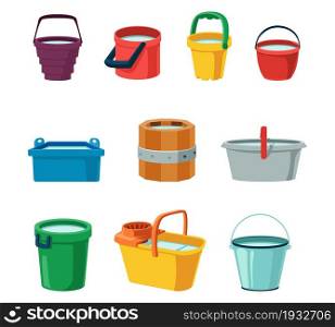 Bucket. Metal wooden and plastic containers with water. Household washing equipment. Cartoon full housekeeping tanks mockup. Isolated cleaner tools for pouring liquid. Vector bright domestic pails set. Bucket. Metal wooden and plastic containers with water. Household washing equipment. Cartoon housekeeping tanks mockup. Cleaner tools for pouring liquid. Vector bright domestic pails set