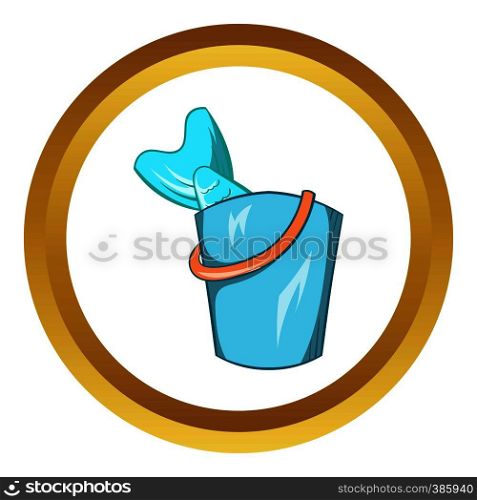 Bucket of fish vector icon in golden circle, cartoon style isolated on white background. Bucket of fish vector icon