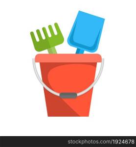 Bucket, rake and shovel for children sandbox icon. vector illustration in flat design. Bucket, rake and shovel for children sandbox icon