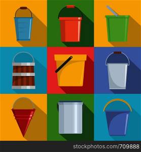 Bucket types container icons set. Flat illustration of 9 bucket types container vector icons for web. Bucket types container icons set, flat style
