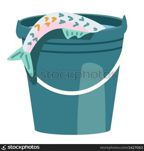 Bucket with fish semi flat color vector object. Fishing activity. Sport and hobby. Full sized item on white. Leisure fishing. Simple cartoon style illustration for web graphic design and animation. Bucket with fish semi flat color vector object