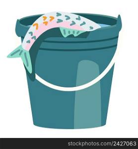 Bucket with fish semi flat color vector object. Fishing activity. Sport and hobby. Full sized item on white. Leisure fishing. Simple cartoon style illustration for web graphic design and animation. Bucket with fish semi flat color vector object