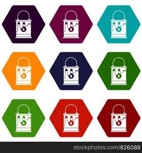 Bucket with paint icon set many color hexahedron isolated on white vector illustration. Bucket with paint icon set color hexahedron