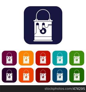 Bucket with paint icons set vector illustration in flat style In colors red, blue, green and other. Bucket with paint icons set