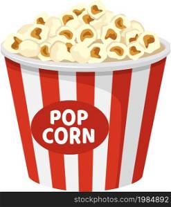 Bucket with popcorn, snack for cinema isolated. Vector pop corn food box for movie entertainment, striped cup red white illustration. Bucket with popcorn, snack for cinema isolated