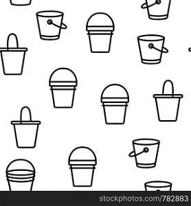 Buckets, Pails Vector Thin Line Icons Seamless Pattern. Buckets, Plastic, Metal Containers for Farming, Housework Tools, Equipment Linear Pictograms. Kids Toy. Buckets, Pails Vector Seamless Pattern