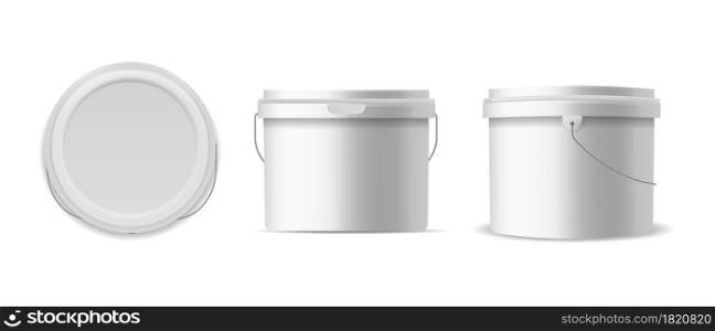 Buckets plastic. 3D template construction and food containers, white bucket for different products mockup. Closed clean pack with lid and metal handle side and top view. Vector realistic isolated set. Buckets plastic. 3D template construction and food containers, white bucket for different products mockup. Closed clean pack with lid and handle side and top view vector realistic isolated set