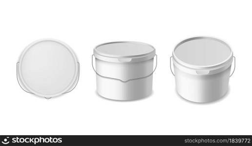 Buckets plastic. Construction liquids containers template, white bucket for different products packaging mockup. Pack with lid and metal handle top and perspective view. Vector realistic isolated set. Buckets plastic. Construction liquids containers template, white bucket for different products packaging mockup. Pack with lid and metal handle top and perspective view. Vector realistic set