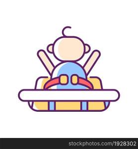 Buckle safety strap in grocery cart RGB color icon. Child safety during shopping. Prevent trauma and falling. Fasten safe belt. Isolated vector illustration. Simple filled line drawing. Buckle safety strap in grocery cart RGB color icon