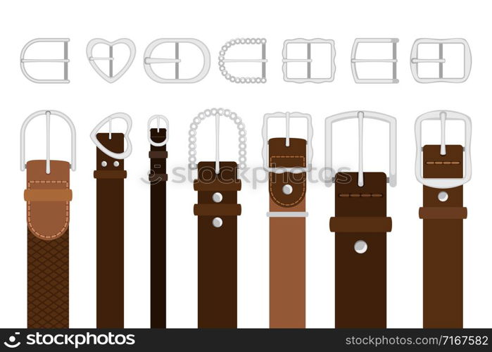 Buckles. Metal buckle furniture production for fashion leather belts belt, men strap clasps vector illustration. Metal buckles set
