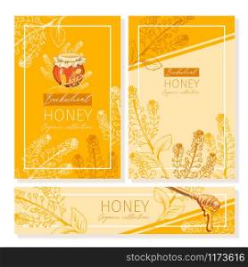 Buckwheat Honey Print Template. Yellow and Orange Banners for Thanksgiving Holiday or Packaging Brand Identity. Vector Illustration. Buckwheat Honey Print Template. Yellow and Orange Banners