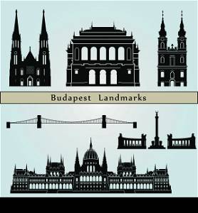 Budapest landmarks and monuments isolated on blue background in editable vector file