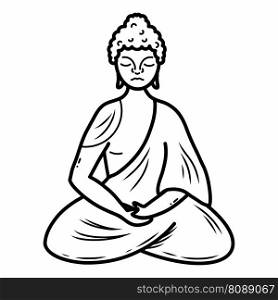 Buddha in lotus position. Religion of India. Symbol of Buddhism. Vector doodle illustration. Sketch.