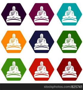 Buddha statue icon set many color hexahedron isolated on white vector illustration. Buddha statue icon set color hexahedron
