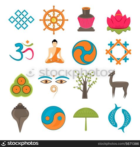 Buddhism church traditional symbols icons set isolated vector illustration