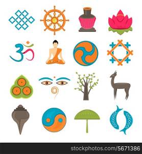 Buddhism church traditional symbols icons set isolated vector illustration