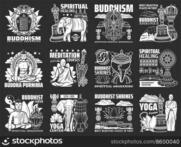 Buddhism religion, Buddha, Indian temple and Buddhist monk vector icons. Dharma and prayer wheel, lotus flower, endless knot, stupa and chakra, spiritual bell, treasure vase, gold fish and conch shell. Buddhism religion, Buddha, temple, Buddhist icons