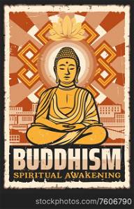 Buddhism religion, meditation and spiritual awakening buddhist school. Vector vintage grunge poster. Buddha in lotus pose and mudra sign hands with swastika, Tibetan religion and enlightenment. Buddhism meditation and spiritual awakening