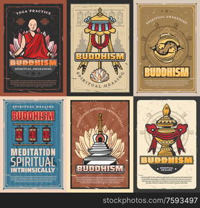 Buddhism religion retro posters. Vector Buddhist symbolic stupa, tibetian monk in lotus posture, prayer wheels and flag, carp fish and precious umbrella. Dharma wheel, Vase of treasure. Buddhism religion retro vintage posters