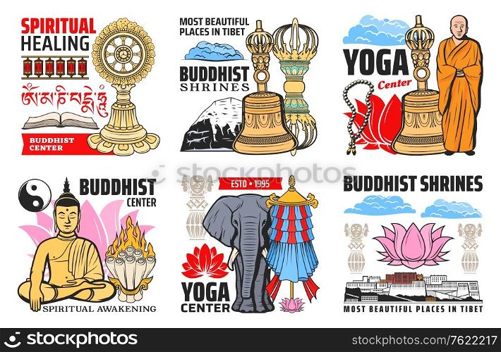 Buddhism religion symbols isolated vector icons. Buddhist symbolic beads, tibetan monk and lotus, prayer wheels. Buddha statue and precious umbrella, Dharma wheel and Tibetan Potala, flag and elephant. Buddhism religion symbols, isolated vector icons