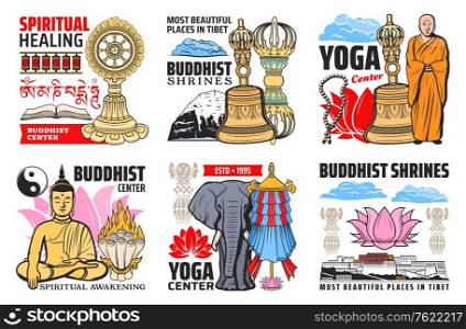 Buddhism religion symbols isolated vector icons. Buddhist symbolic beads, tibetan monk and lotus, prayer wheels. Buddha statue and precious umbrella, Dharma wheel and Tibetan Potala, flag and elephant. Buddhism religion symbols, isolated vector icons