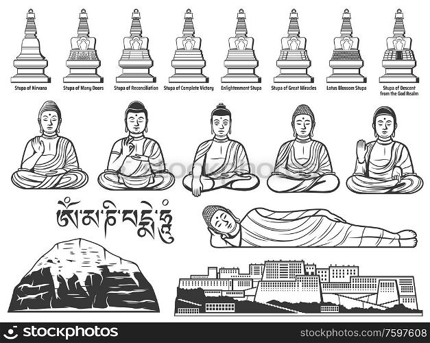 Buddhism religion symbols with vector sketches of Buddha statues with different hand positions or mudras, Tibetan Buddhist Great Stupas, Potala Palace and sacred Mount Kailash. Asian religious themes. Buddhism religion Buddha statue and stupa sketches