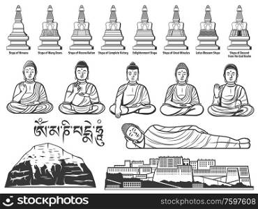 Buddhism religion symbols with vector sketches of Buddha statues with different hand positions or mudras, Tibetan Buddhist Great Stupas, Potala Palace and sacred Mount Kailash. Asian religious themes. Buddhism religion Buddha statue and stupa sketches